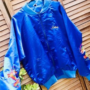 Blue Satin Bomber Jacket with Embroidered Details